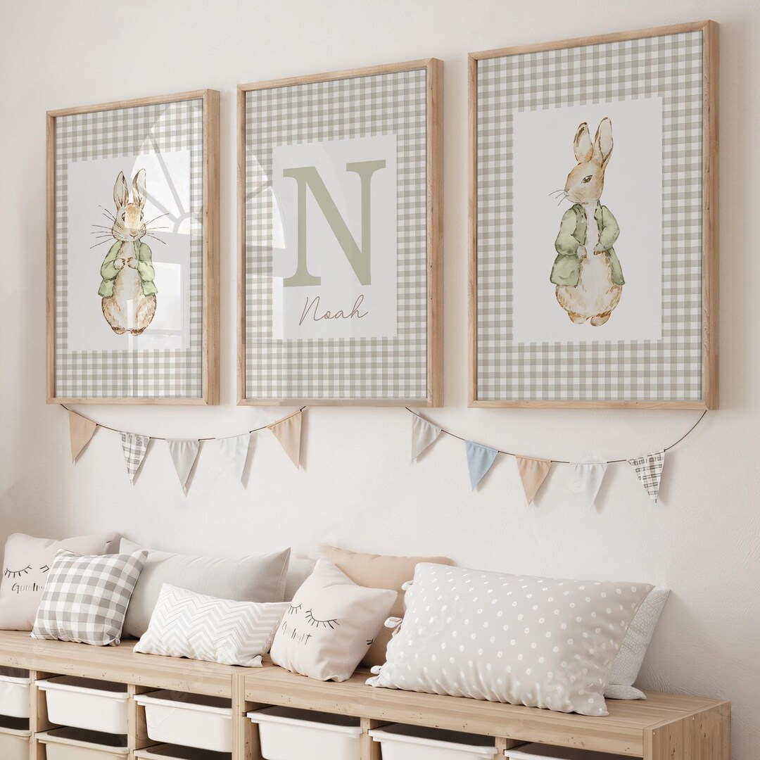 Rabbit Nursery Prints, Custom Name Kids Room Decor, Cottagecore Gender ...