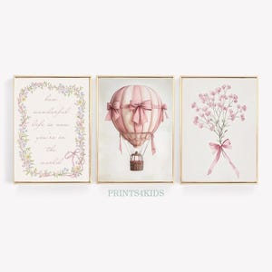 Girl Nursery Wall Art, Printable Vintage Baby Girl Room Set of 3 Print, Pink Tones Hot Air Balloon, Floral Art, Poem Lullaby Nursery Decor