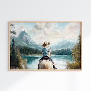 Lámina infantil de vaquero, decoración infantil de vaquero occidental para bebé, arte de pared infantil de equitación para niño pequeño, impresión digital para habitación infantil de caballo