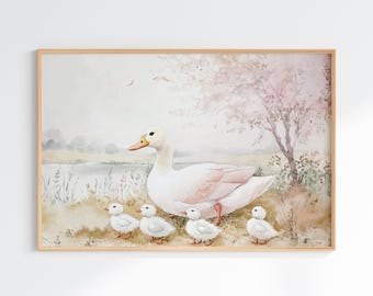 Lámina de ganso para guardería, arte imprimible para guardería de niña, arte de pared de ganso para decoración de guardería de niña, pato vintage rosa, arte de pared de gansos