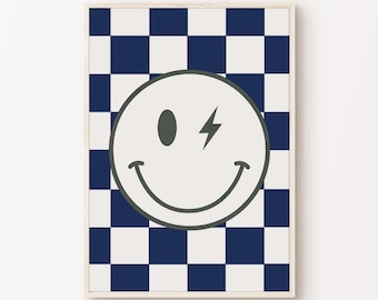 Boy Room Print, Printable Boys Bedroom Wall Art, Teen Boy Blue Room Decor, Checker Smiley Digital Prints, Playroom Digital Wall Art