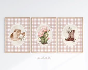 Cowgirl Nursery Wall Art Set of 3, Baby Girl Floral Western Pink Prints, Gingham Girls Room Digital Downloadable Art