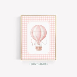 Vintage Hot Air Balloon Print, Printable Nursery Wall Art, Antique Baby Girl Room Art, Pink Tones Nursery Farmhouse Art, Gingham Decor