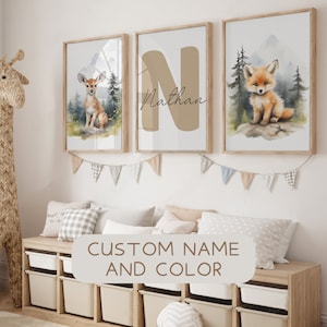 Woodland Benutzerdefinierte Name Set von 3 Kinderzimmer Prints, druckbare Baby Tier 3 Stück Wandkunst, Wald Kinderzimmer Dekor, Aquarell personalisierte Poster