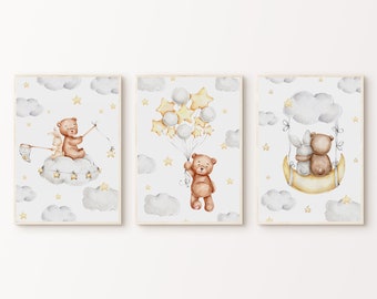 Printable Nursery 3 Pieces Wall Art, Teddy Bear Nursery Prints, Cute Teddy Bear Kids Room Decor, Clouds Stars Nursery Set of 3 Poster