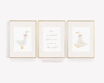 Set de 3 láminas para habitación infantil con diseño de ganso: Frase "¡Qué maravillosa es la vida!" para imprimir, estilo neutro (descarga digital).