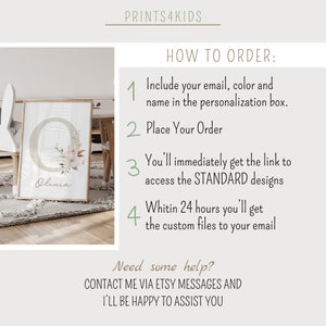 May include: A watercolor illustration of the letter O with floral accents. The illustration is framed and includes the name "Olivia". The image also includes instructions on how to order a personalized print.