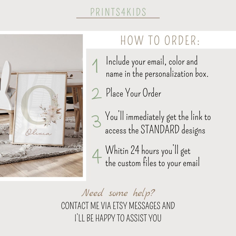 May include: A watercolor illustration of the letter O with floral accents. The illustration is framed and includes the name "Olivia". The image also includes instructions on how to order a personalized print.