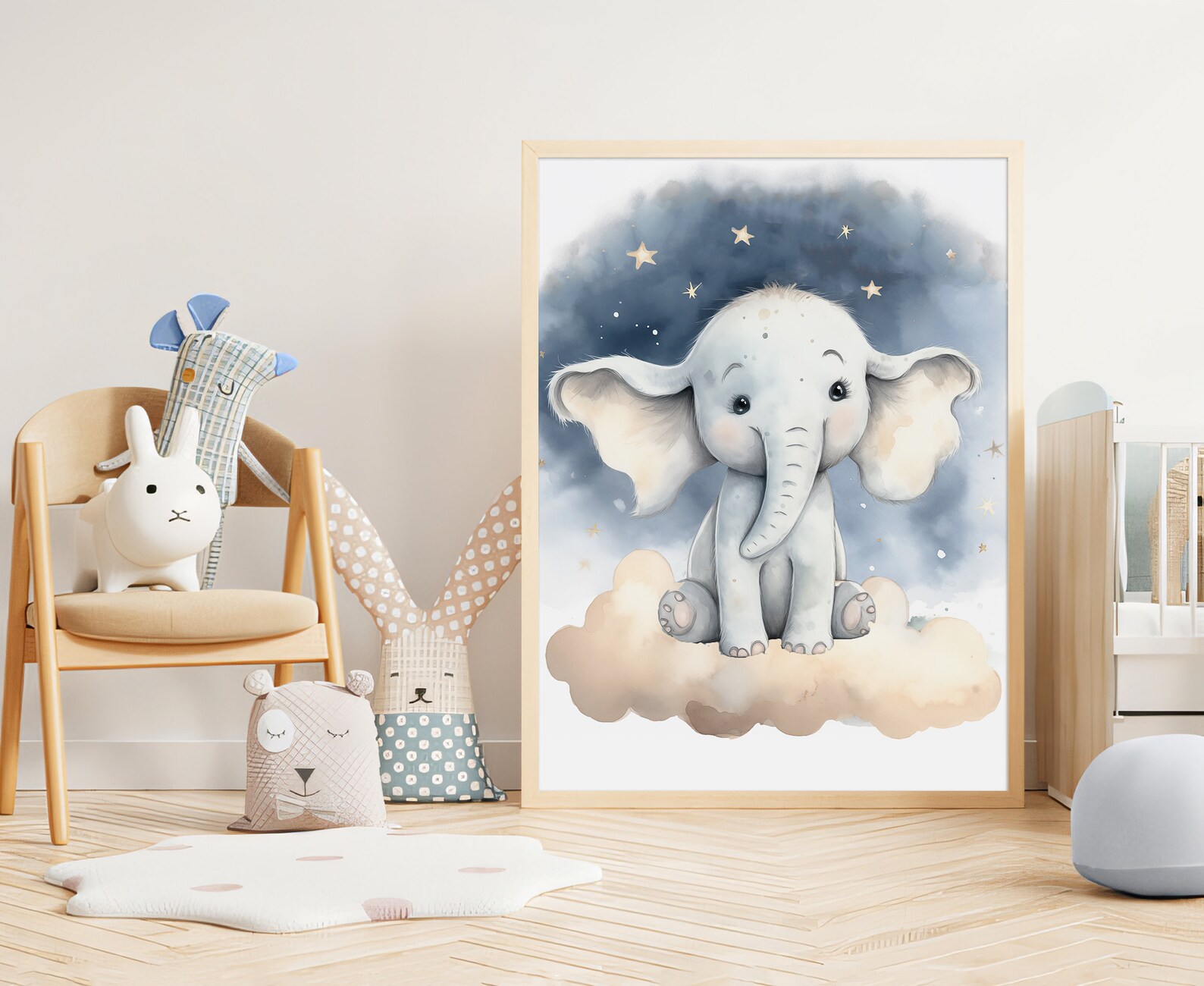 Baby Elephant Nursery Print, Printable Stars Clouds Baby Room Wall Art ...