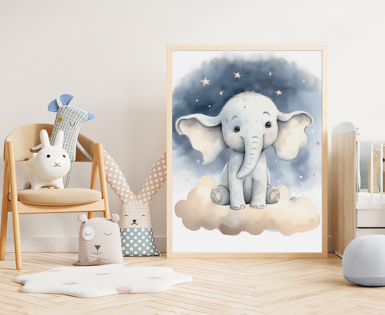 Baby Elephant Nursery Print, Printable Stars Clouds Baby Room Wall Art ...