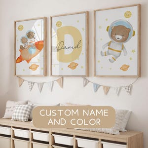Nursery Space Set of 3 Prints, Personalized Boy Room Wall Art, Outer Space Kids Poster, Custom Name Teddy Bear Astronaut Printable Art