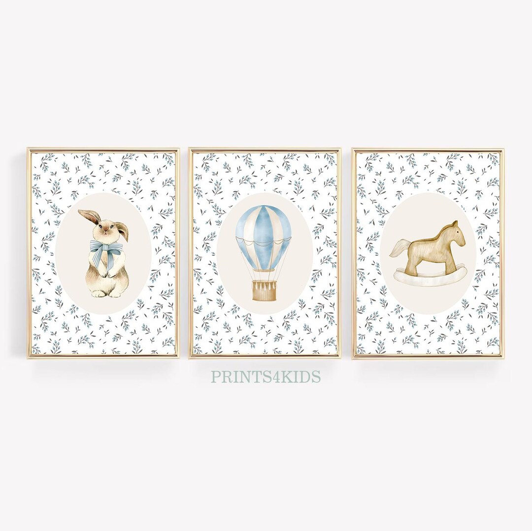Vintage Nursery Prints, Set of 3 Bunny Nursery Wall Art, Antique Baby ...