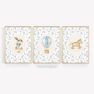 Vintage Nursery Prints, Set of 3 Bunny Nursery Wall Art, Antique Baby Boy Room Art, Blue Tones Nursery Farmhouse Art, Vintage Nursery Decor