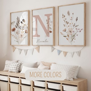 Wildflower Set of 3 Nursery Decor, Printable Custom Floral Room Wall Art, Boho Baby Girl Nursery Prints, Watercolor Personalized Name Poster