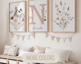 Wildflower Set of 3 Nursery Decor, Printable Custom Floral Room Wall Art, Boho Baby Girl Nursery Prints, Watercolor Personalized Name Poster