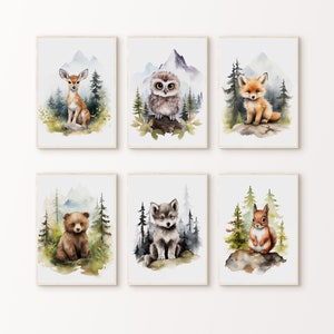 Wald Baby Tier Drucke, druckbare 6-teilige Wandkunst für Mädchen, Waldtiere, Aquarell Bär Reh Fuchs Poster
