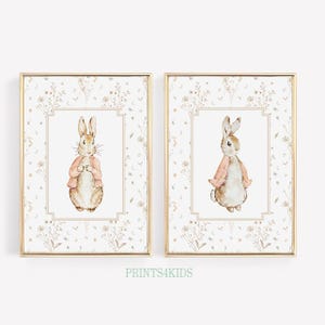 Juego de 2 impresiones para guardería de niña, arte de pared de conejo para decoración de habitación de niños, arte imprimible neutro Cottagecore para guardería, impresión floral para guardería