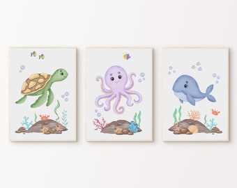 Nursery Under the Sea Set of 3 Prints, Ocean Animal Poster, Nautical Boy Nursery Prints, Sea Animal Art, Playroom Decor, DIGITAL DOWNLOAD