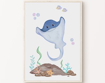 Art imprimable pour chambre d'enfant sous la mer, affiche animal océan, impression de chambre de bébé garçon, art mural enfant thème mer, décoration de salle de jeux, téléchargement numérique