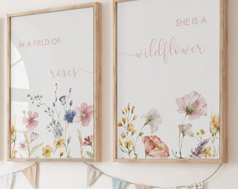 Lot de 2 impressions fleurs sauvages, décoration florale pour chambre d'enfant, chambre d'enfant bohème citation fleur art mural, impressions numériques fleurs sauvages pour chambre de fille, imprimable