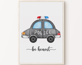 Stampa per bambini con auto della polizia ad acquerello, grande arte da parete per veicoli di emergenza stampabili per la scuola materna, arredamento per la camera da letto dei ragazzi, poster della polizia per bambini
