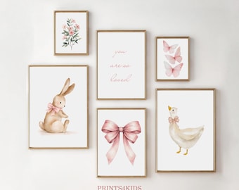 Juego de 6 láminas para habitación de niña: conejito, ganso y lazo rosa, decoración de pared estilo cottagecore (descarga digital)