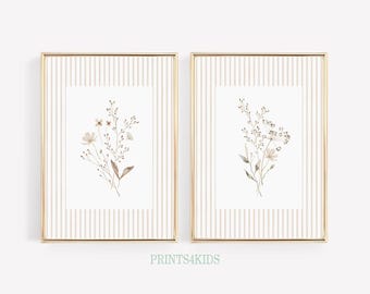 Neutral Wildflower Wall Art, Soft Tones Botanical Set of 2 Prints, Floral Nursery Decor, Vintage Watercolor Flowers Wall Art, Baby Room Art