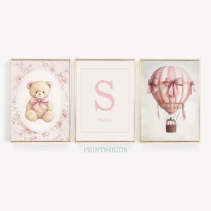 Floral Nursery Wall Art, Printable Vintage Baby Girl Room Set of 3 Print, Pink Tones Hot Air Balloon, Custom Name Art, Teddy Nursery Decor
