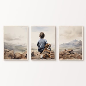 Boy and Dog Nursery Set of 3 Prints, Nursery Mountain Adventure Nature Decor, Toddler Room Poster, Outdoors Printable Kids 3 Pieces Wall Art