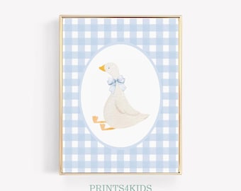 Gans Kinderzimmer Drucke, Kinderzimmer DRUCKBARE Kunst, Gans Schleife Wandkunst für Baby Jungen Kinderzimmer Dekor, Vintage Ente Rosa Gingham Baby Blau Wandkunst