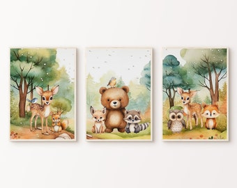 Set di 3 stampe per cuccioli di animali del bosco, arte da parete stampabile in 3 pezzi per la cameretta dei bambini, decorazioni per la cameretta degli animali della foresta, stampe ad acquerello per orsi, cervi e volpi