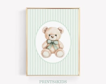 Bear Nursery Wall Art, Vintage Baby Boy Room Decor, Green Bow Teddy Bear Print, Gender Neutral Printable Digital Poster