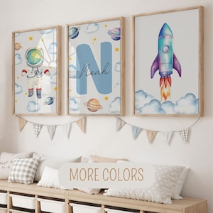 Conjunto de vivero de astronautas de 3 impresiones, arte de pared imprimible personalizado de la habitación del niño, póster para niños del espacio exterior, nombre personalizado astronauta planeta arte