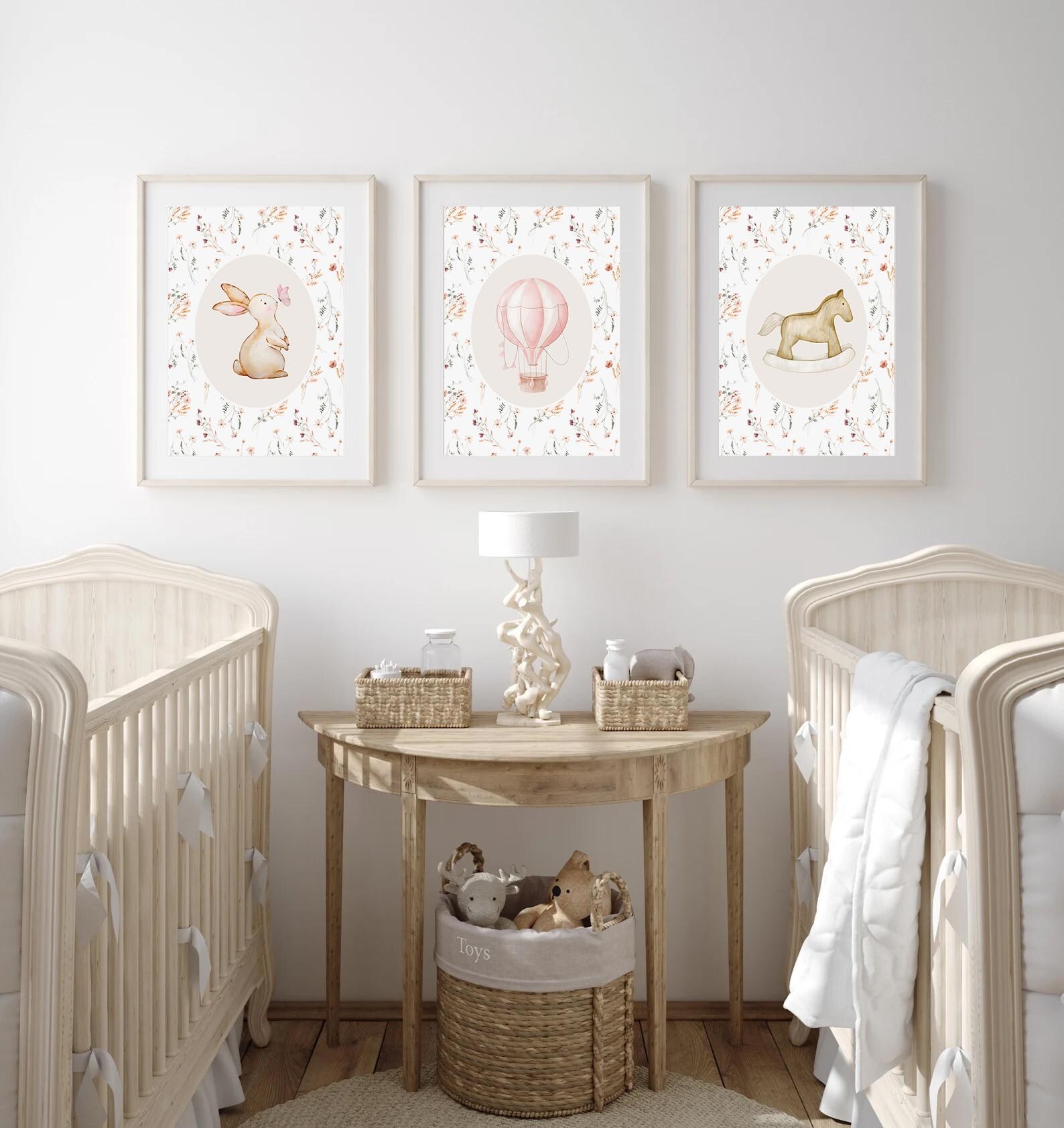 Vintage Nursery Prints, Set of 3 Bunny Nursery Wall Art, Antique Baby ...
