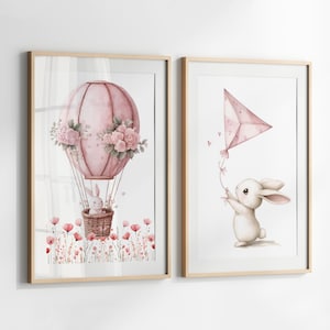 Bunny Nursery Prints Set of 2, Floral PRINTABLE Art, Rabbit Wall Art for Girl Nursery Decor, Hot Air Balloon Print, Wildflower Nursery Art