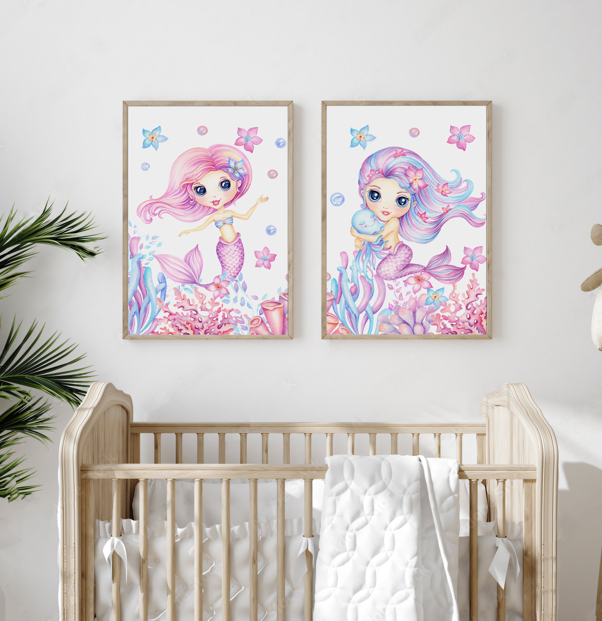 Mermaids Girl Nursery Set of 2 Prints, Ocean Girl Room Poster, Mermaids ...