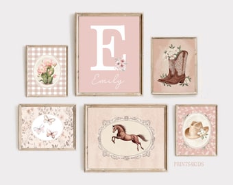 Cowgirl Nursery Wall Art Set of 6, Baby Girl Floral Western Pink Prints, Custom Name Girls Room Digital Downloadable Art
