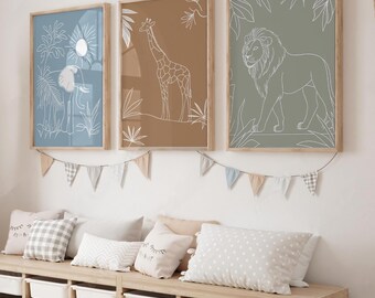 Safari Prints for Nursery Set of 3,Printable Boho Jungle Animal Theme Nursery Decor, Minimalist Digital Wall Art for Kids Room