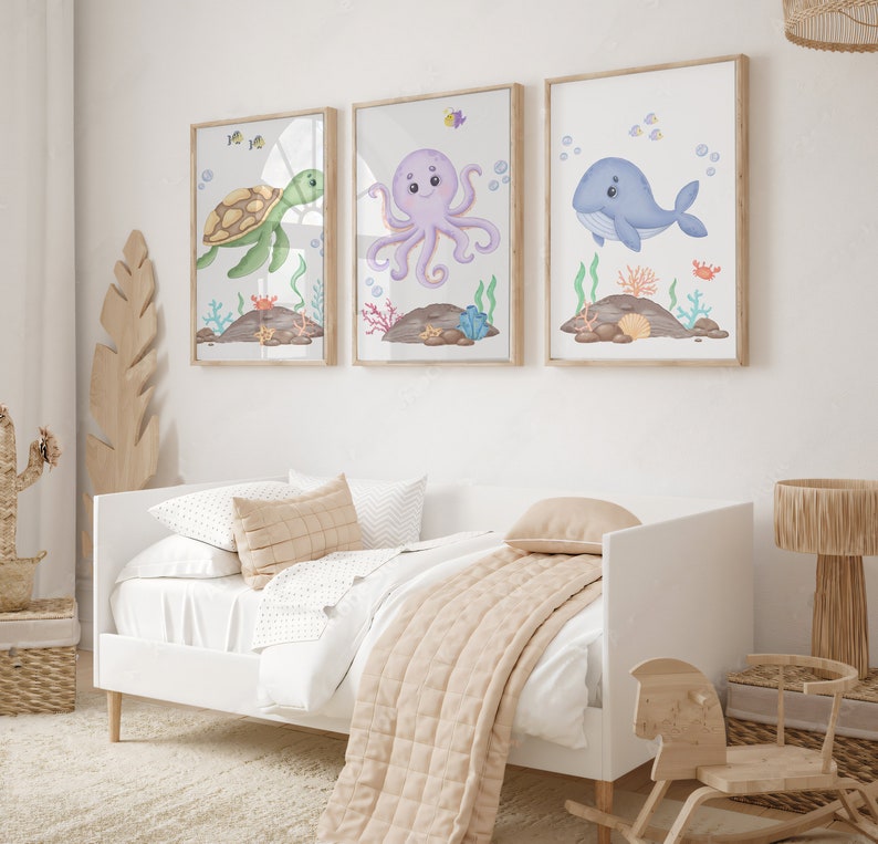 Nursery Under the Sea Set of 3 Prints, Ocean Animal Poster, Nautical ...