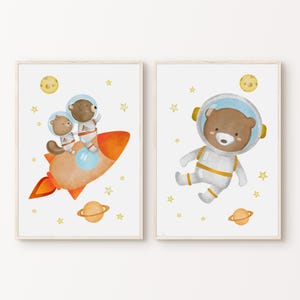 Conjunto de vivero espacial de acuarela de 2 impresiones, carteles de astronautas de osos de peluche imprimibles, decoración de sala de juegos del espacio exterior, arte de pared de 2 piezas de habitación para niños