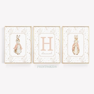 Rabbit Nursery Prints, Custom Name Kids Room Decor, Cottagecore Baby Girl Neutral Nursery PRINTABLE Art, Gingham Pink Tones Wildflower Print