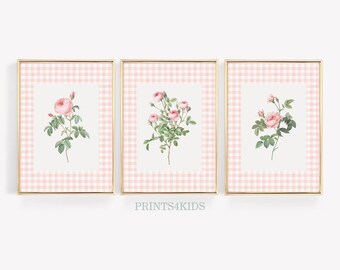Nursery Floral Prints Set of 3, Girls Room Decor, Wildflower Nursery Wall Decor, Vintage Nursery Art, Watercolor Gingham Nursery Wall Art
