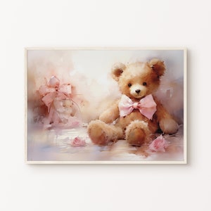 Teddy Bear Nursery Print, Vintage Teddy Bear Painting, Rustic Nursery Decor, Baby Girl Room Decor, PRINTABLE Girl Nursery Wall Art