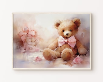 Teddy Bear Nursery Print, Vintage Teddy Bear Painting, Rustic Nursery Decor, Baby Girl Room Decor, PRINTABLE Girl Nursery Wall Art
