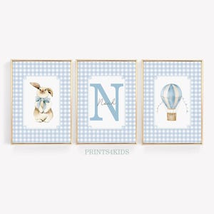 Set di 3 stampe per la cameretta dei bambini personalizzate, arte antica per la cameretta dei bambini, arte murale per bambini con coniglietti, arte della fattoria per la cameretta dei bambini nei toni del blu, decorazione vintage a quadretti