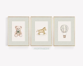 Nursery Wall Art Set of 3, Vintage Baby Room Teddy Bear Prints, Gender Neutral Green Gingham Decor - PRINTABLE