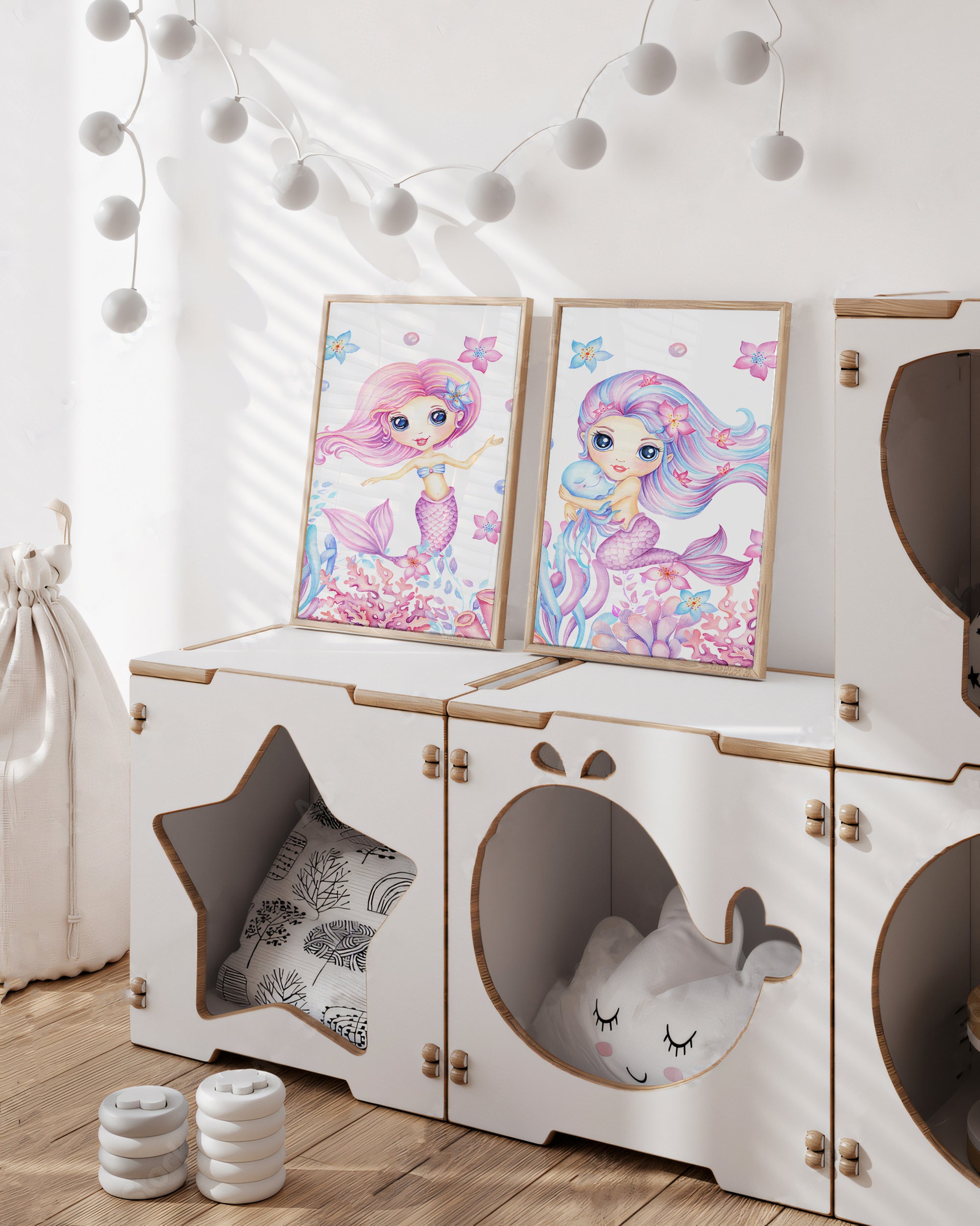 Mermaids Girl Nursery Set of 2 Prints, Ocean Girl Room Poster, Mermaids ...