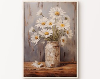 Vase of Daisies Print, Printable French Country Cottage Wall Art, Vintage Countryside Girl Room Decor, Farmhouse Floral Nursery Poster