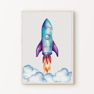 Pósteres imprimibles de cohetes espaciales de acuarela, Impresión de guardería espacial, Decoración de sala de juegos del espacio exterior, Arte de pared grande para habitación de niños
