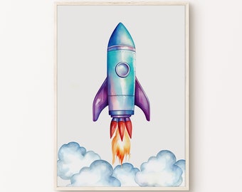 Printable Watercolor Space Rocket Posters, Space Nursery Print, Outer Space Playroom Decor, Boy Room Large Wall Art